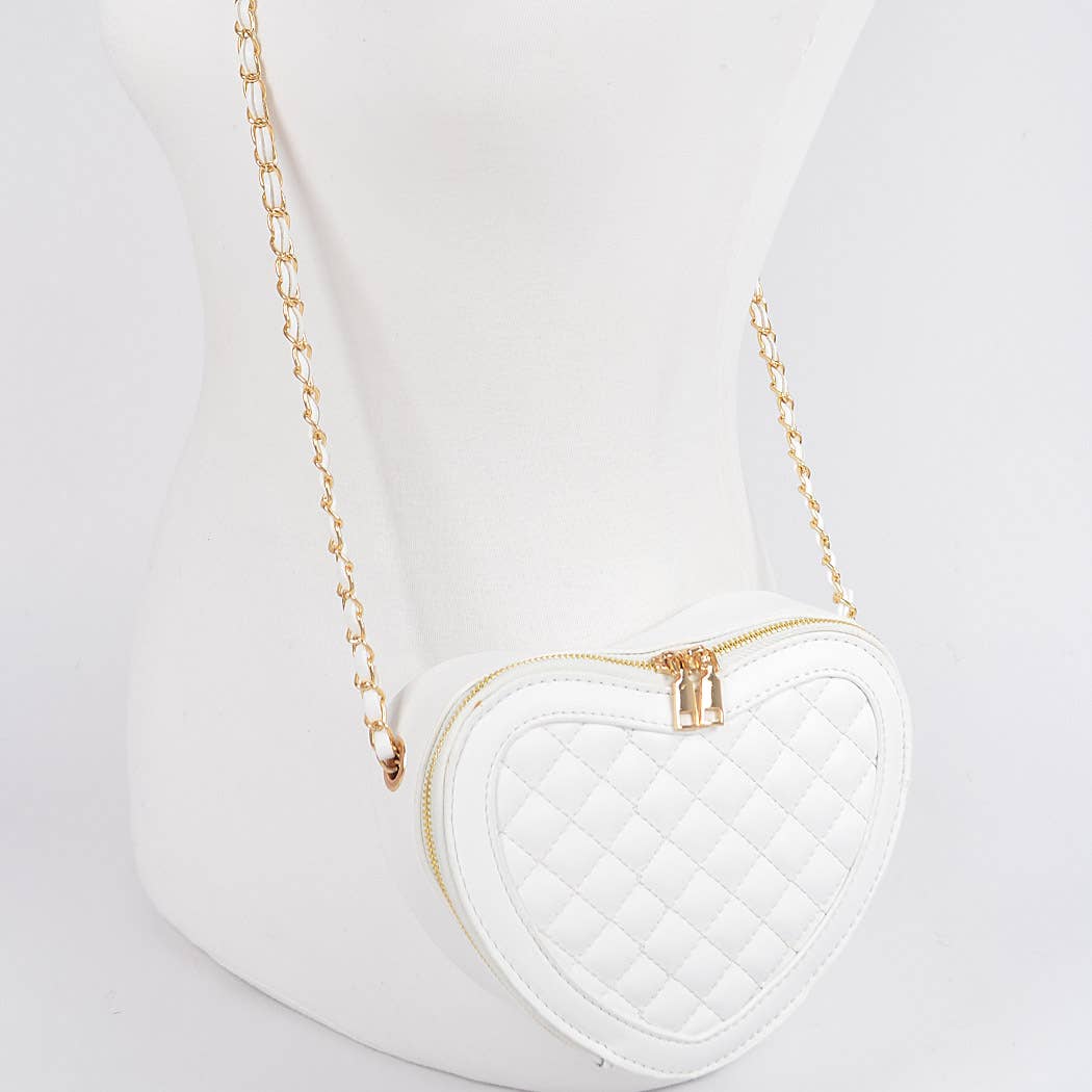 Quilted Blk Heart Shape Crossbody Bag: Black