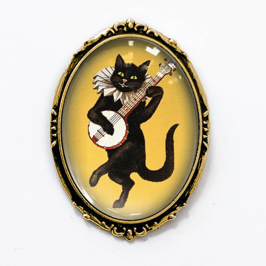 Victorian Cat Banjo Brooch Vintage Silver or Gold: Antiqued Gold