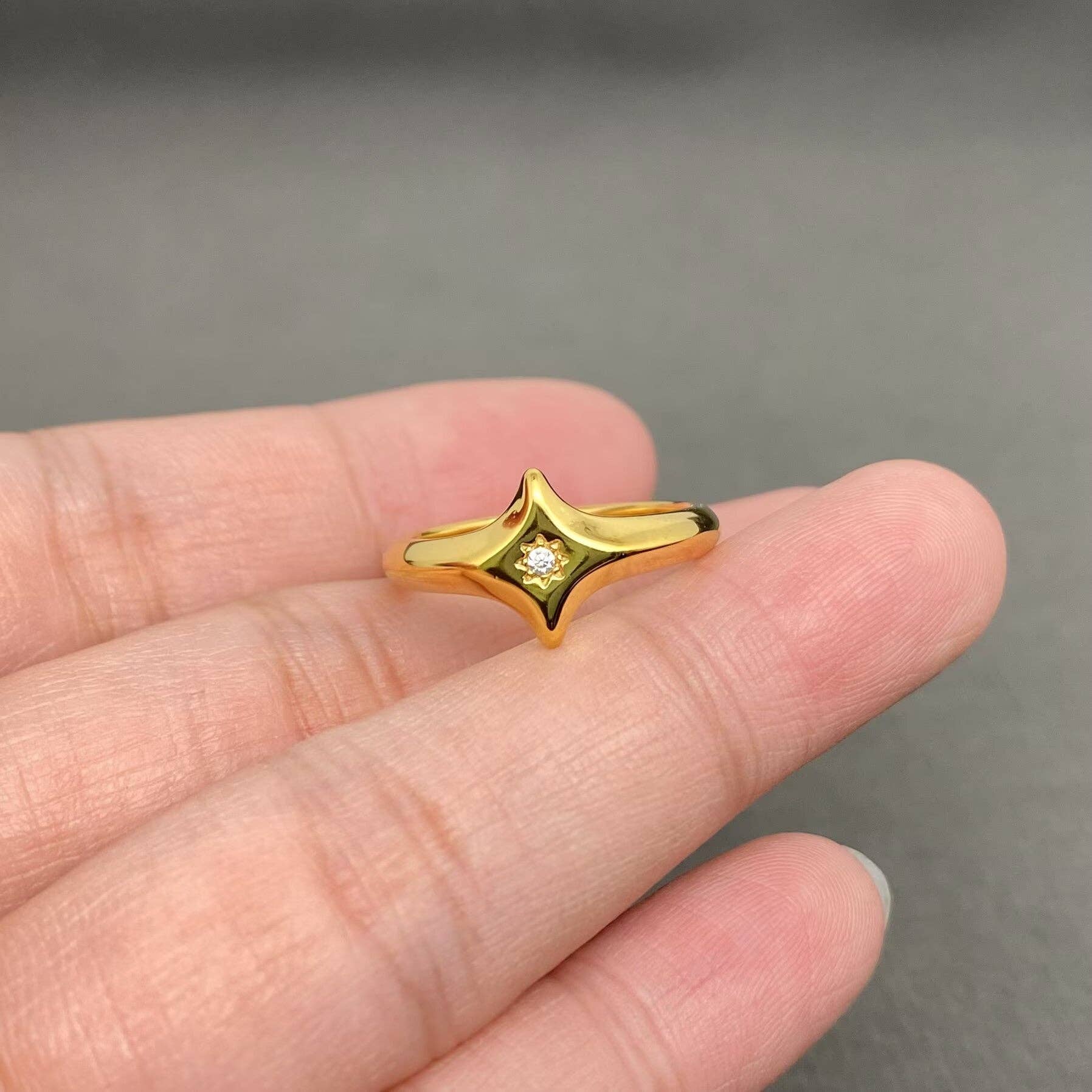 CZ Inlaid Stars 18K Gold Plated S.Steel Ring -  FGS/MS: Steel color / 8