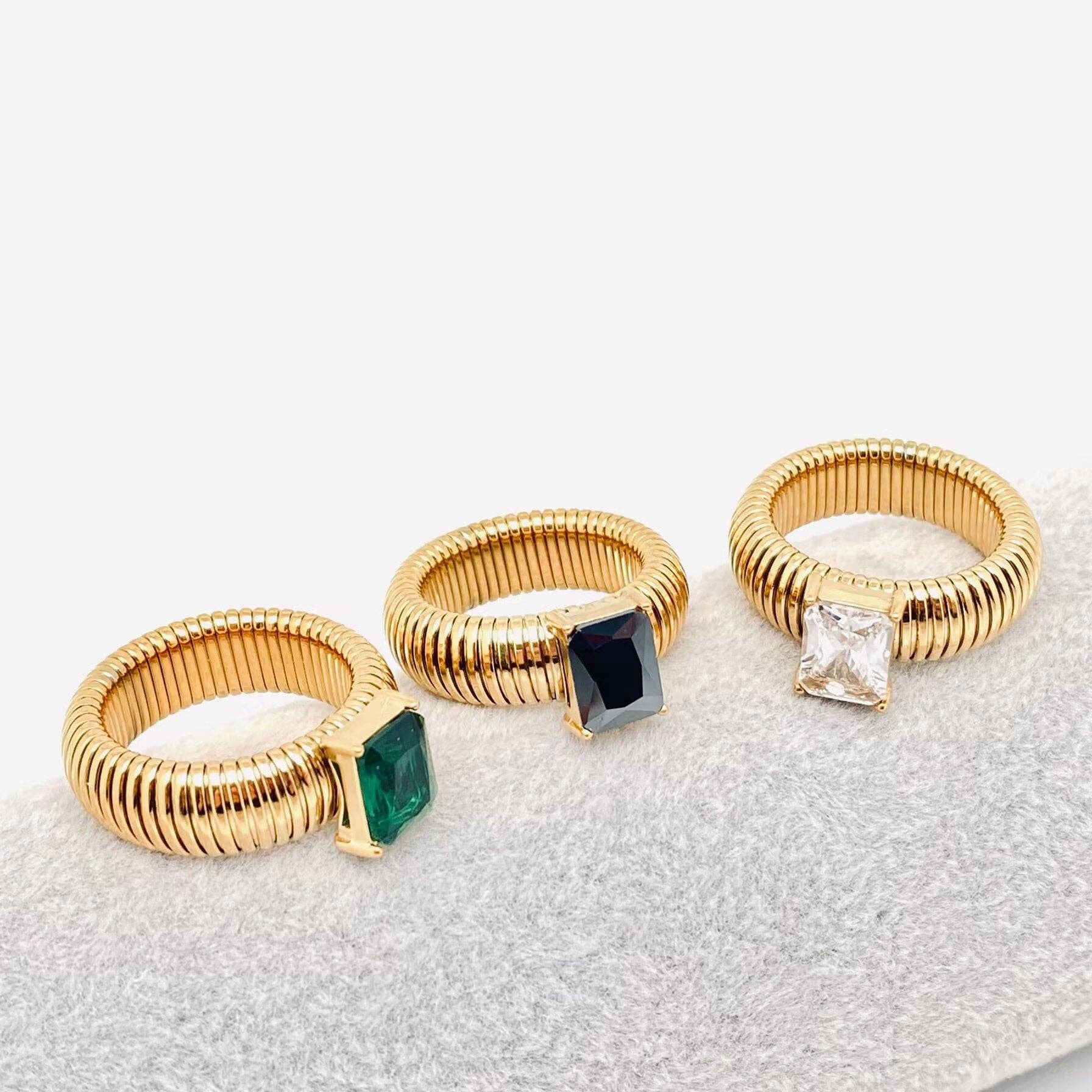 Zircon 18K Gold Plated Stainless Steel Striped Rings - FGS: Green / 8