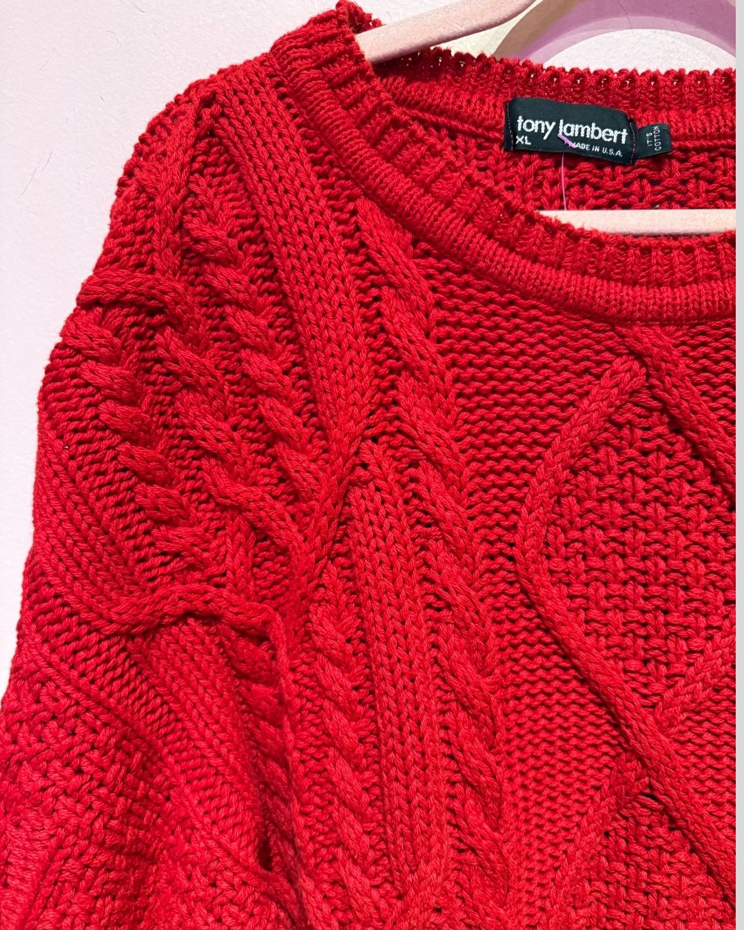 VINTAGE Tony Lambert Red Cotton Cable Sweater (4XL)