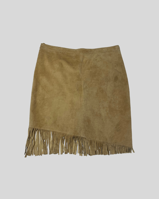 Vintage Newport News Tan Suede Fringe Skirt (18)