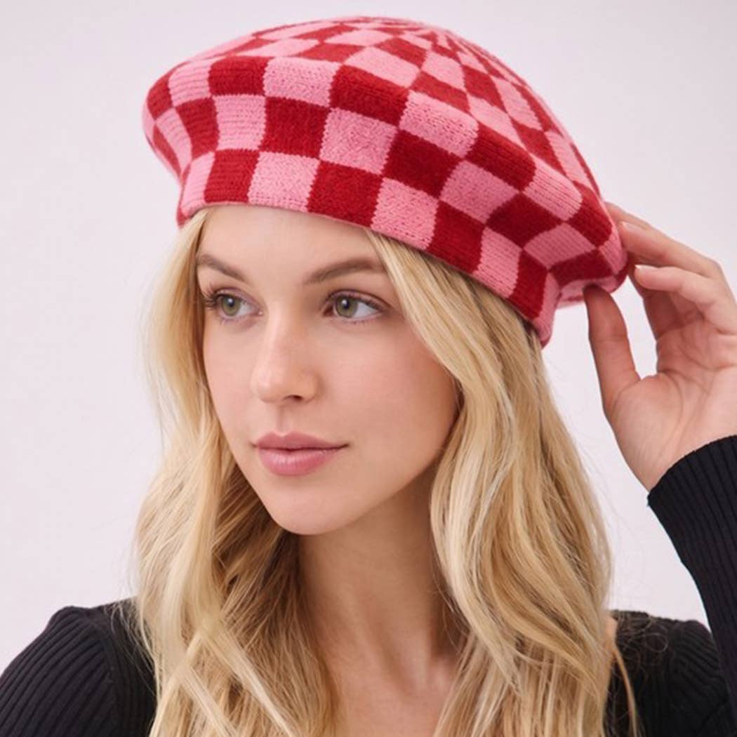 Geometric Checkered Knit Beret: TNPK
