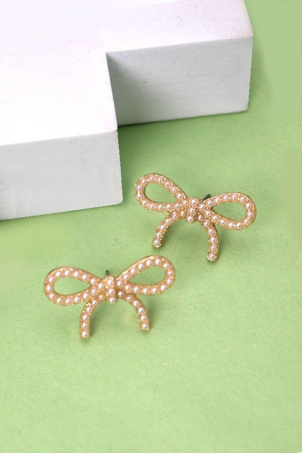 Wall To Wall Accessories - PEARL BOW STUD EARRINGS | 80E2405: Gold