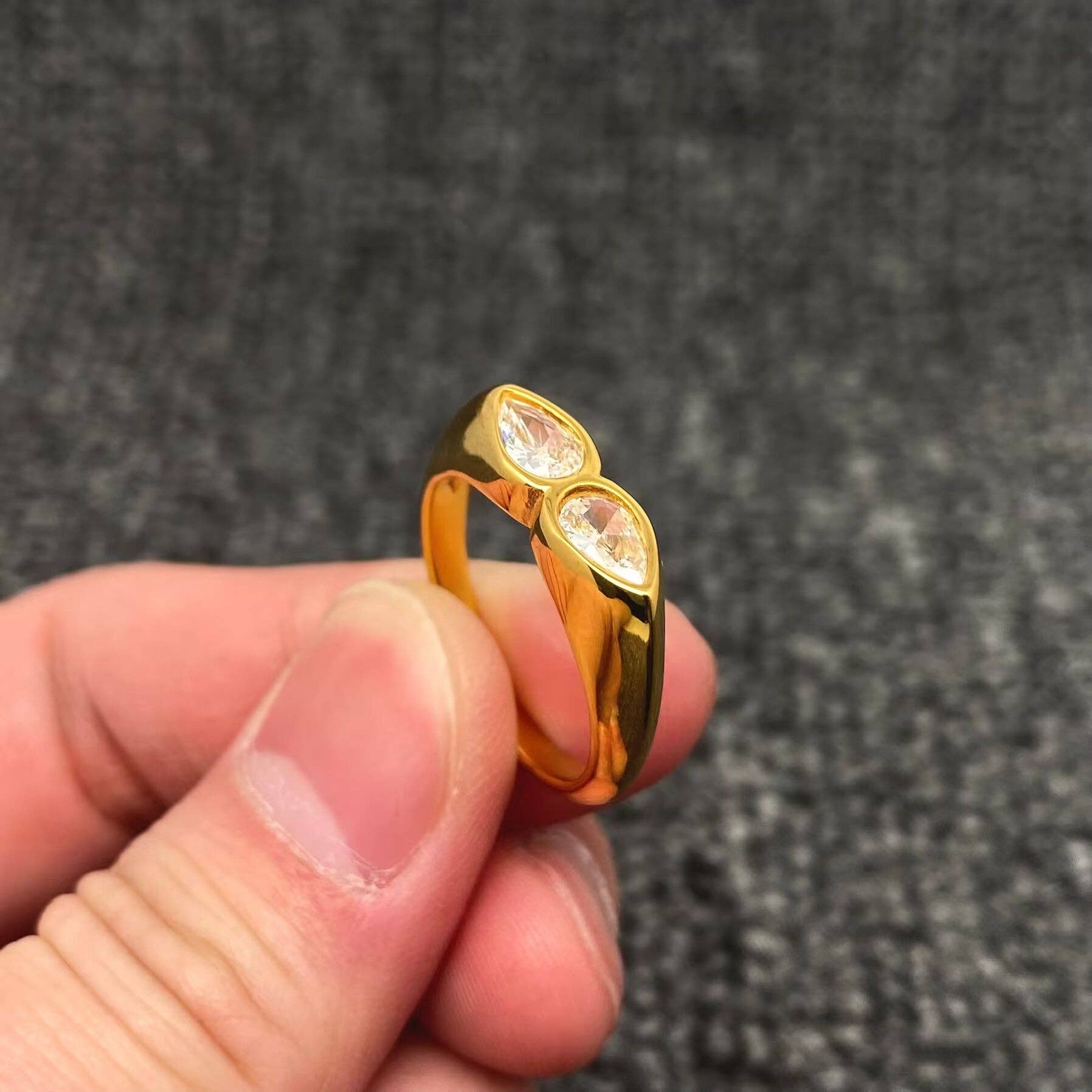 Double Teardrop Zircon 18K Gold Plated S.Steel Ring - FGS: 8