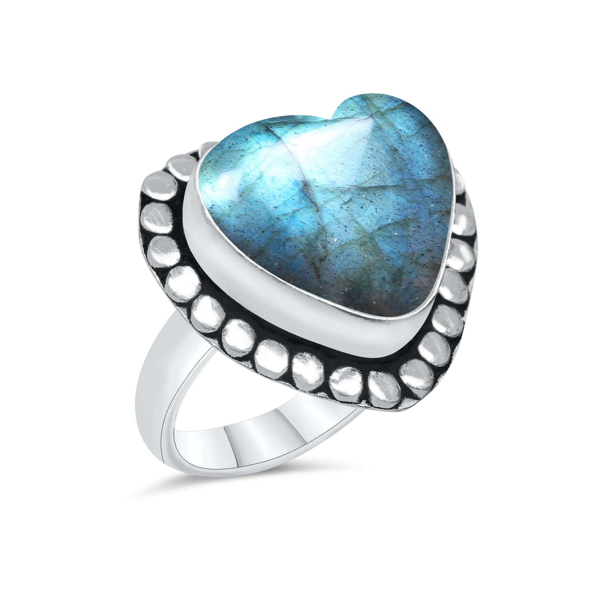 Labradorite Heart Rings – Silver-Plated, Handmade, Blue Flash (US Sizes 6–10, Non-Adjustable) | Wholesale: 10 Rings