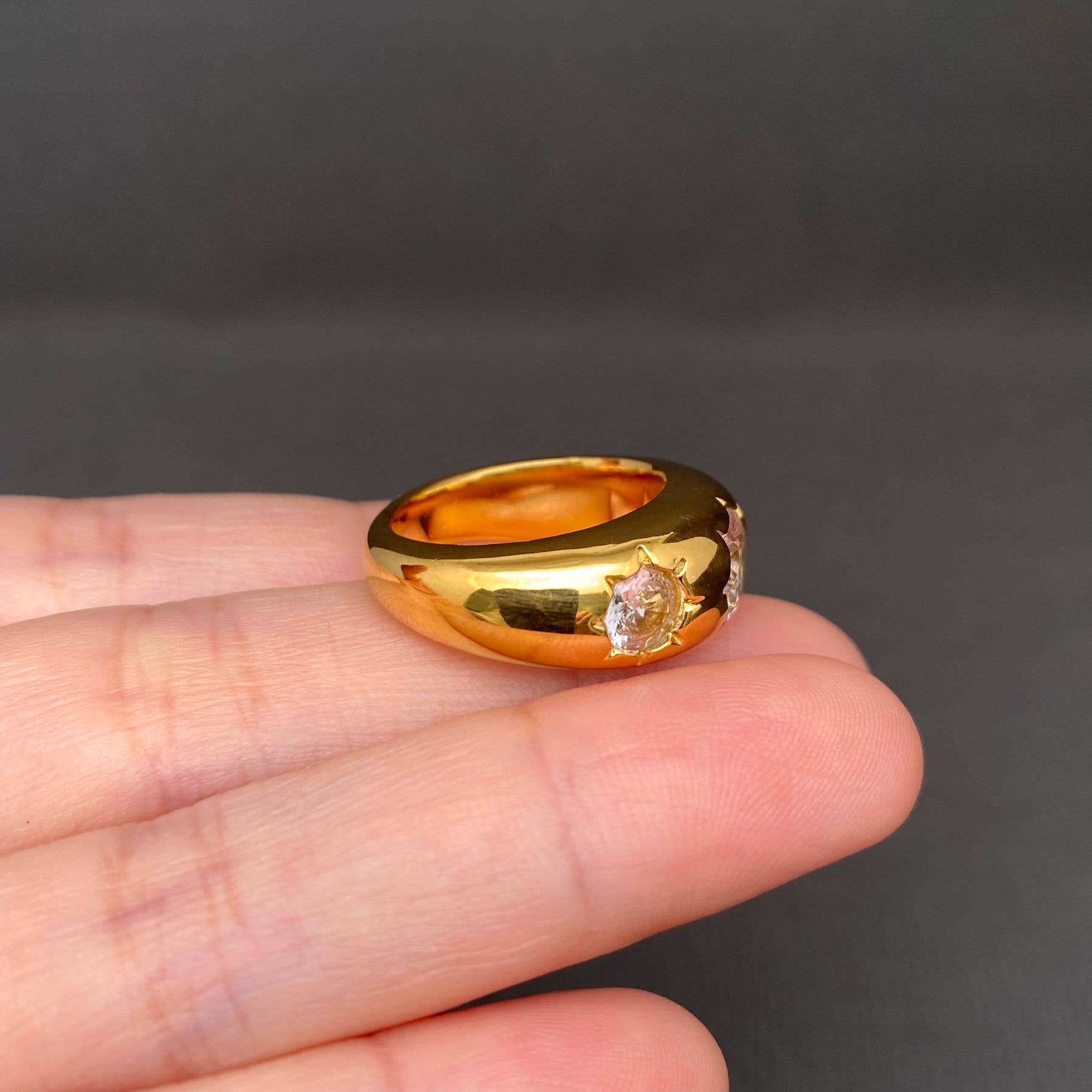 3 Zircons Inlaid 18K Gold Plated Stainless Steel Ring - FGS: Yellow / 8