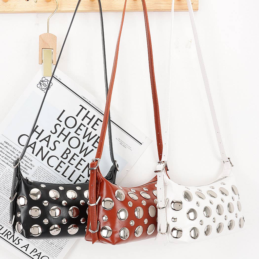 Vegan Leather Metal Studded Shoulder Bag: CM