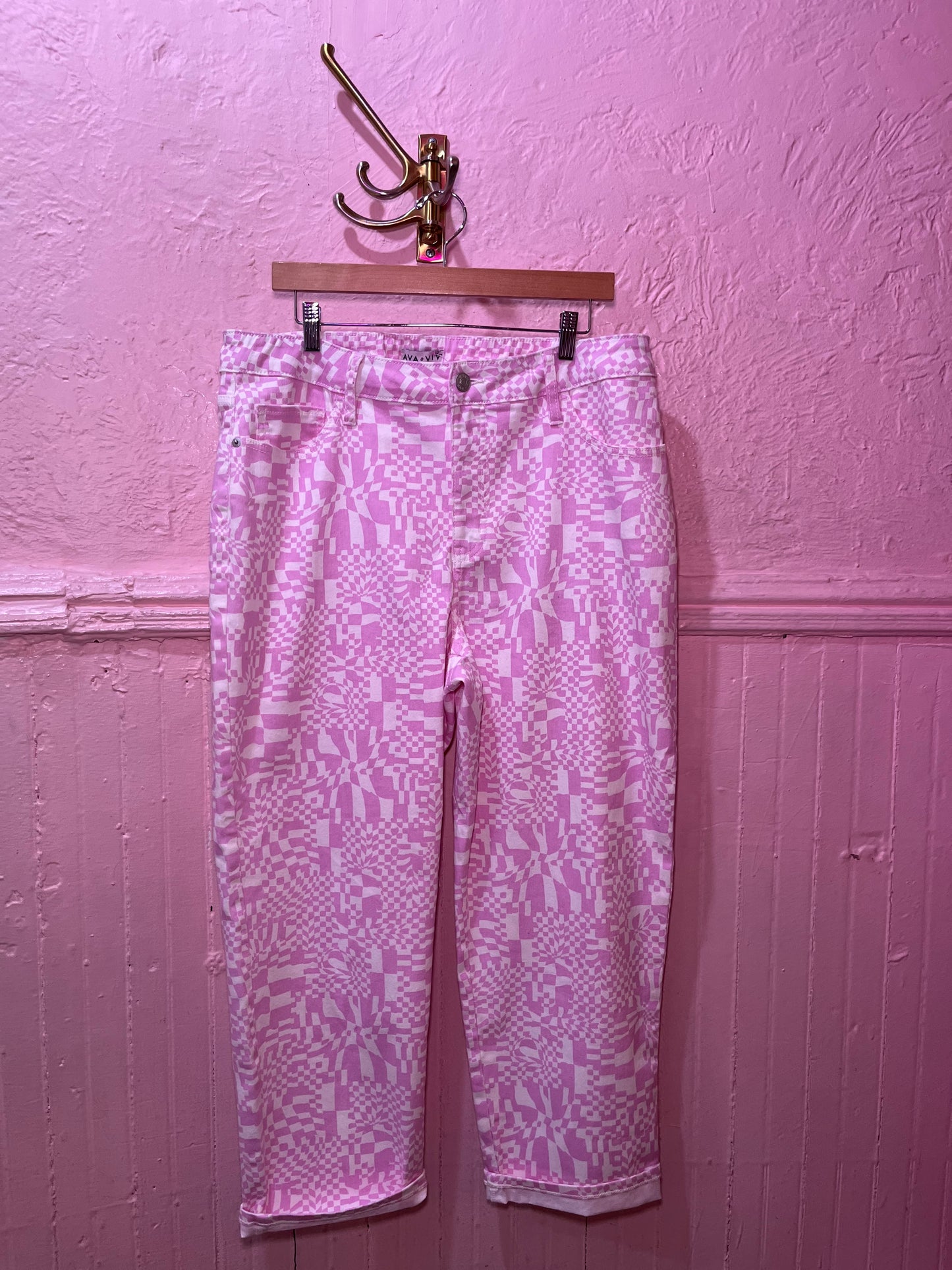 AVA & VIV Pink & White Checkered Swirl Pants