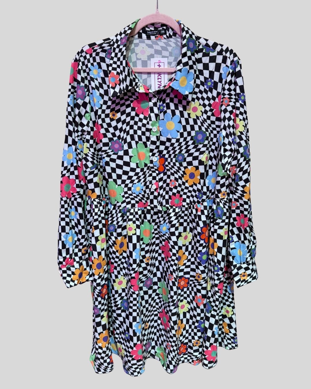 Shein b&w flower checkered dress (2X)
