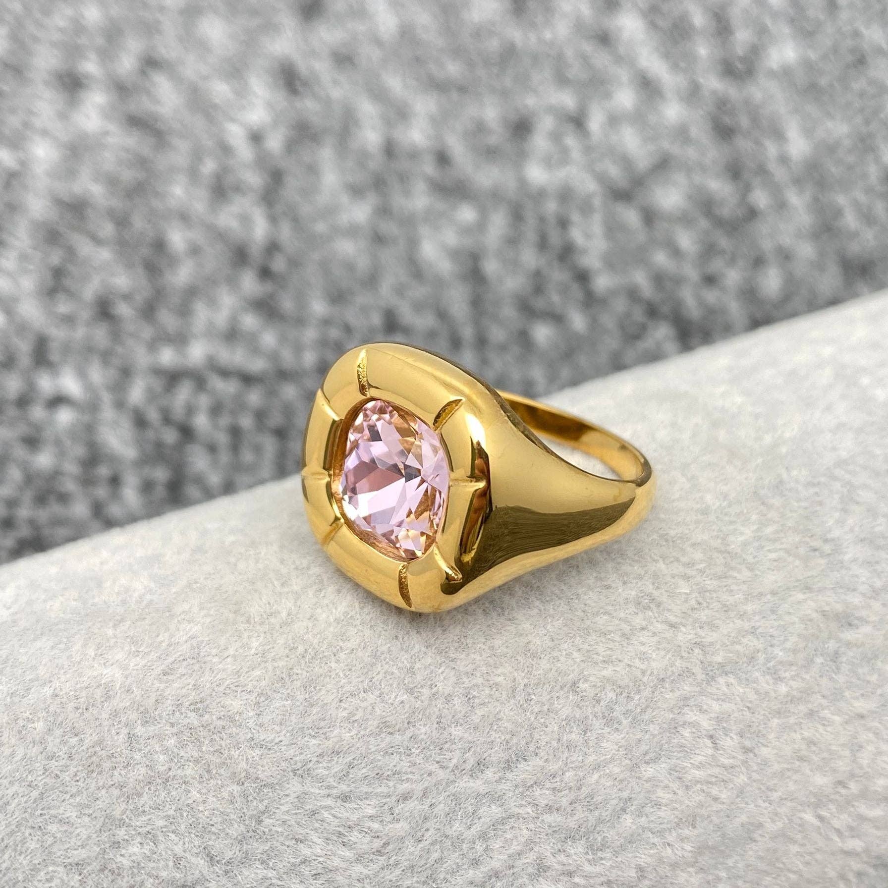 FGS - Large Zircon 18K Gold Plated Stainless Steel Ring : Pink zircon / 8