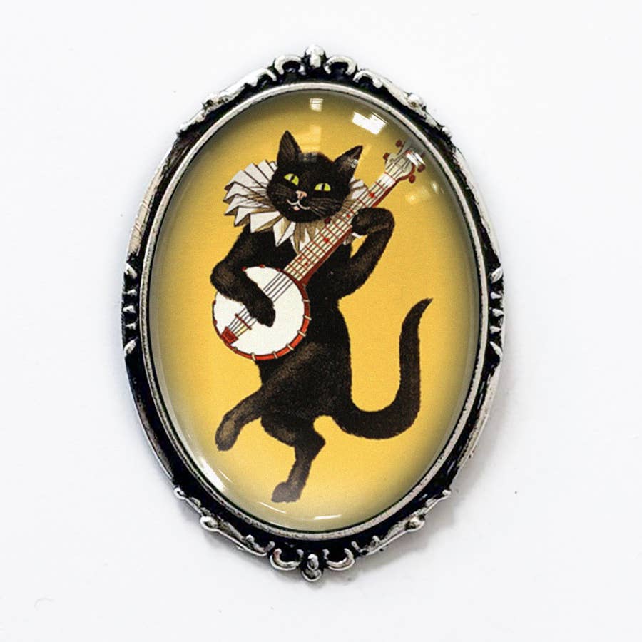Victorian Cat Banjo Brooch Vintage Silver or Gold: Antiqued Gold