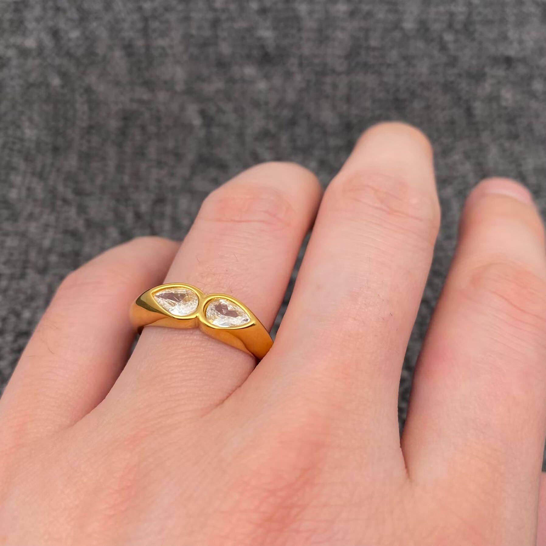 Double Teardrop Zircon 18K Gold Plated S.Steel Ring - FGS: 8