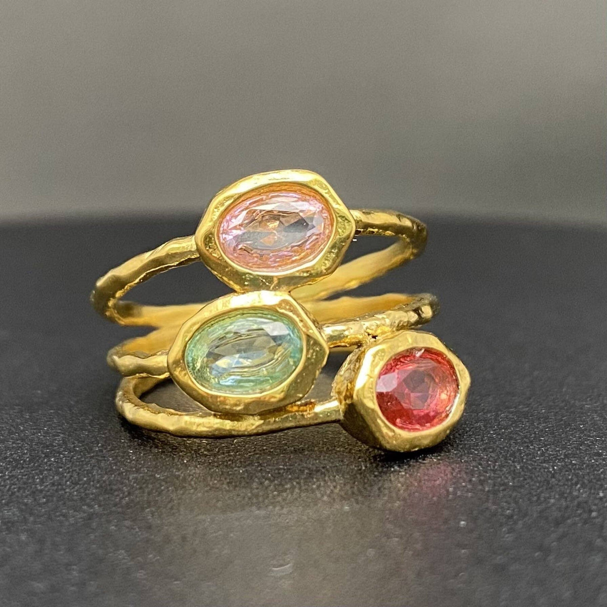Colored Zircon Hollow 18K Gold Plated Stainless Steel Ring - FGS
