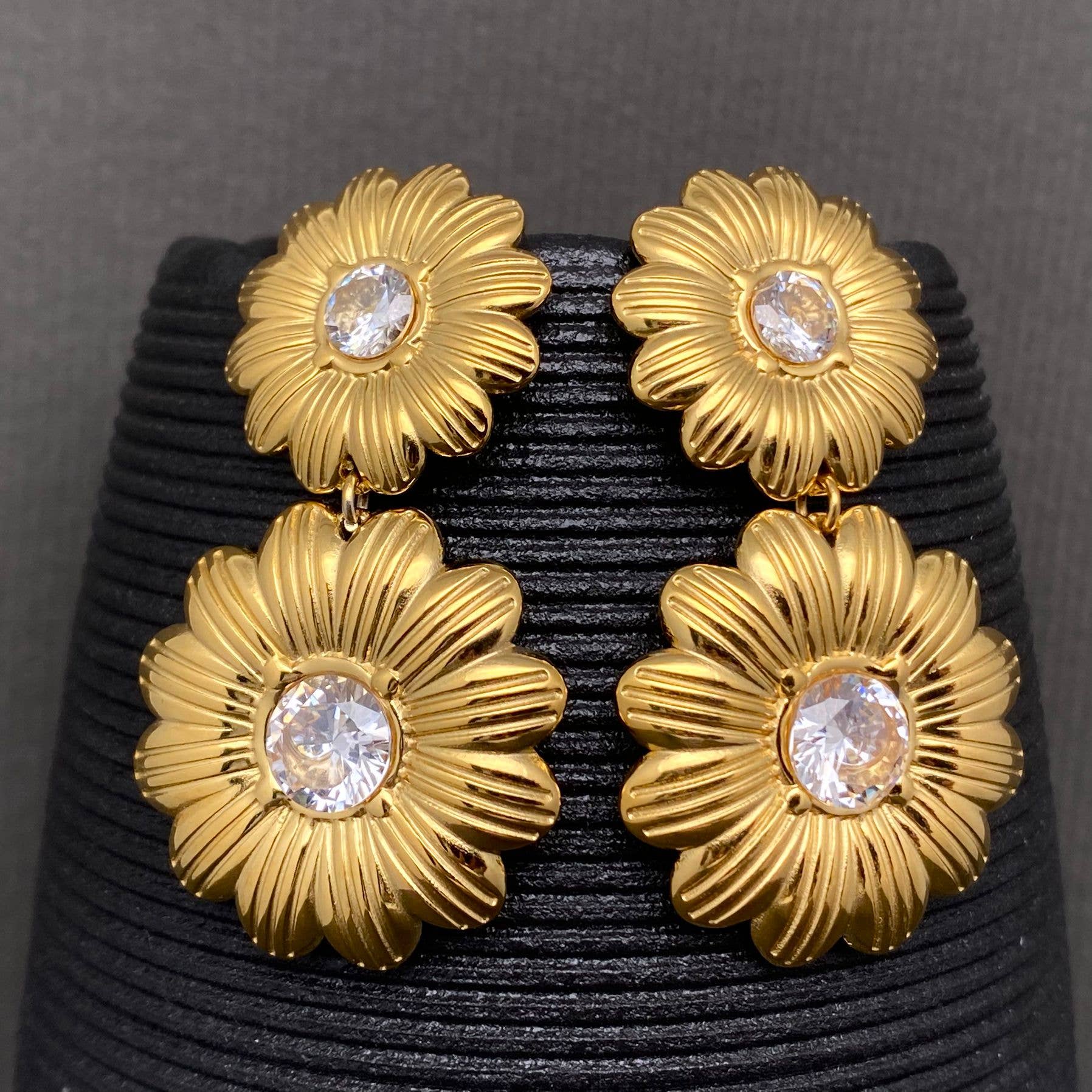 Zircon Inlaid  Double Flower 18K Golden S.Steel Earrings - FGS