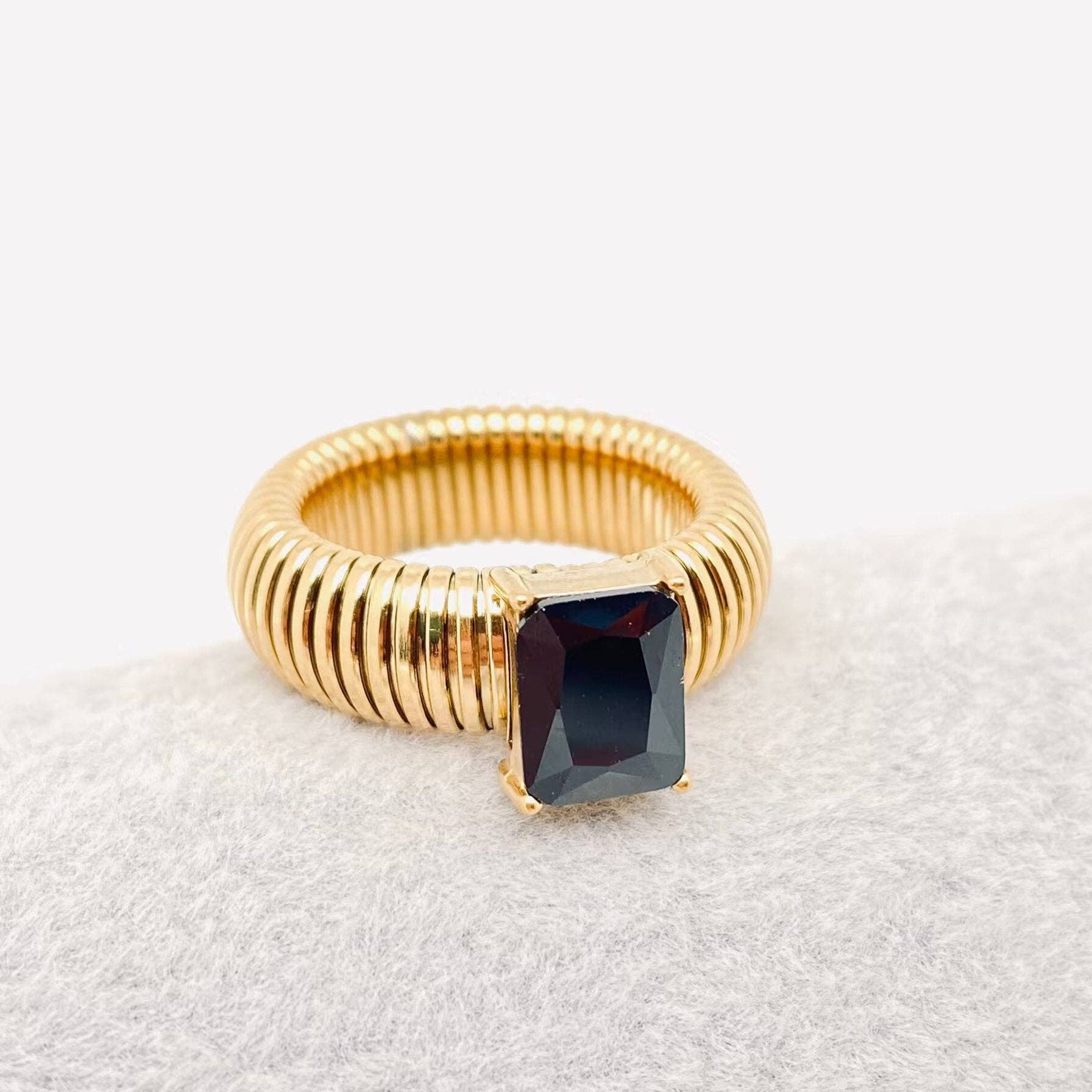 Zircon 18K Gold Plated Stainless Steel Striped Rings - FGS: Green / 8