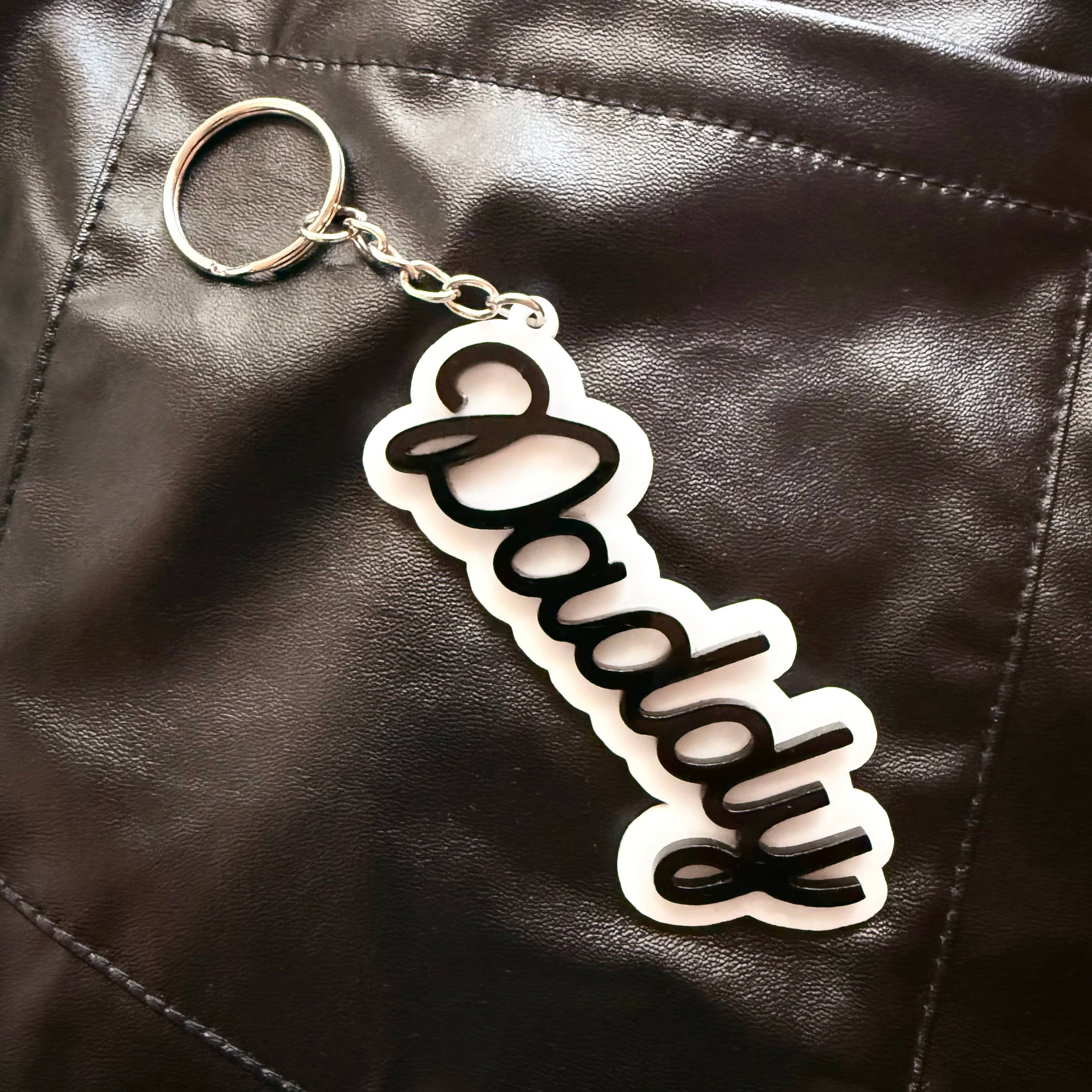 Daddy Keychain (Multicolor): White Letters / Black Outline