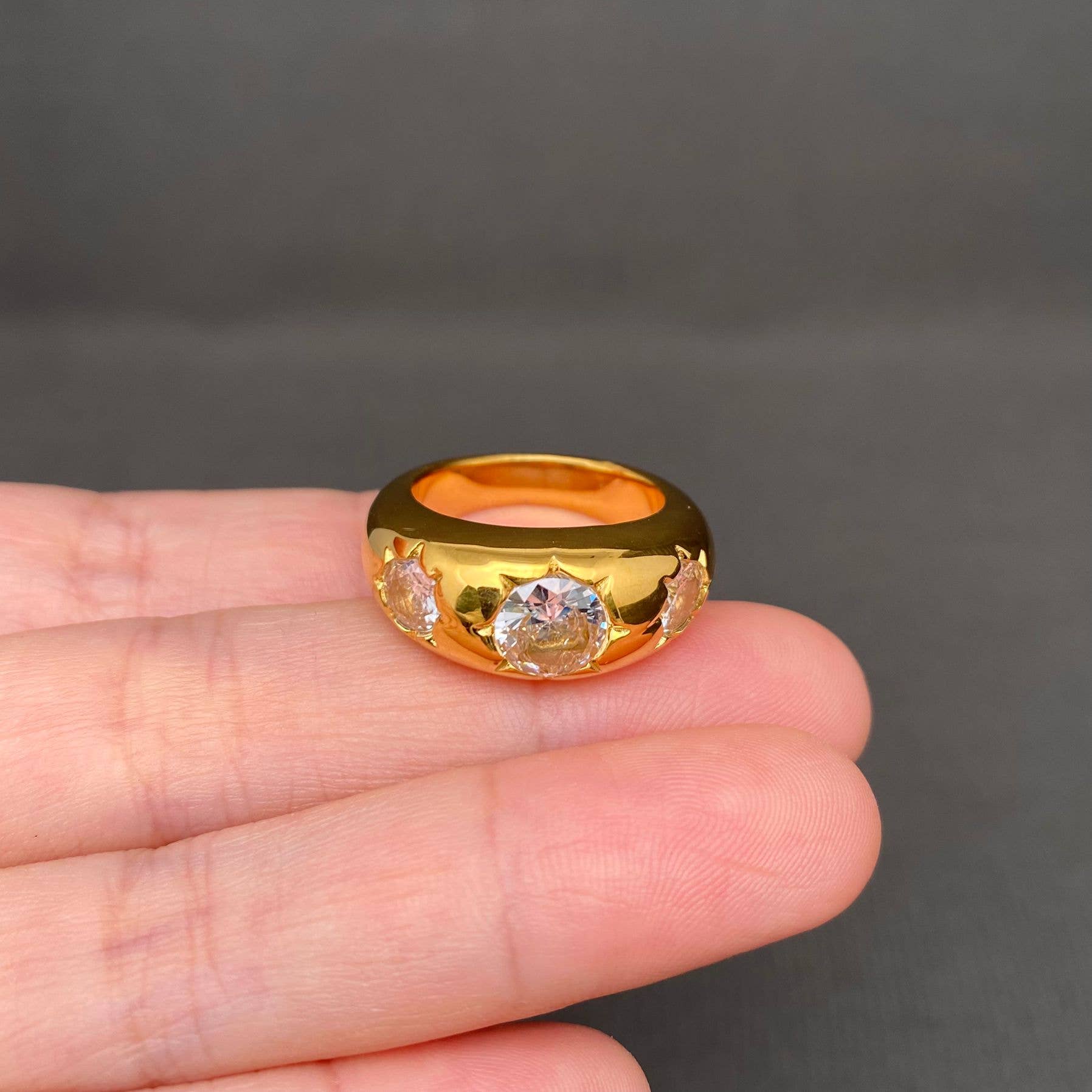 3 Zircons Inlaid 18K Gold Plated Stainless Steel Ring - FGS: Yellow / 8
