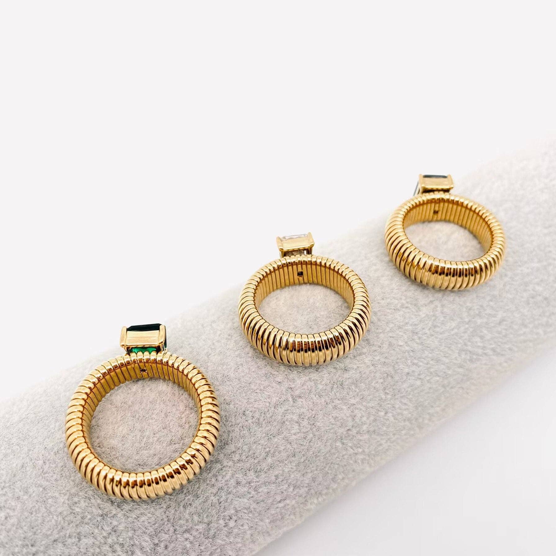Zircon 18K Gold Plated Stainless Steel Striped Rings - FGS: Green / 8