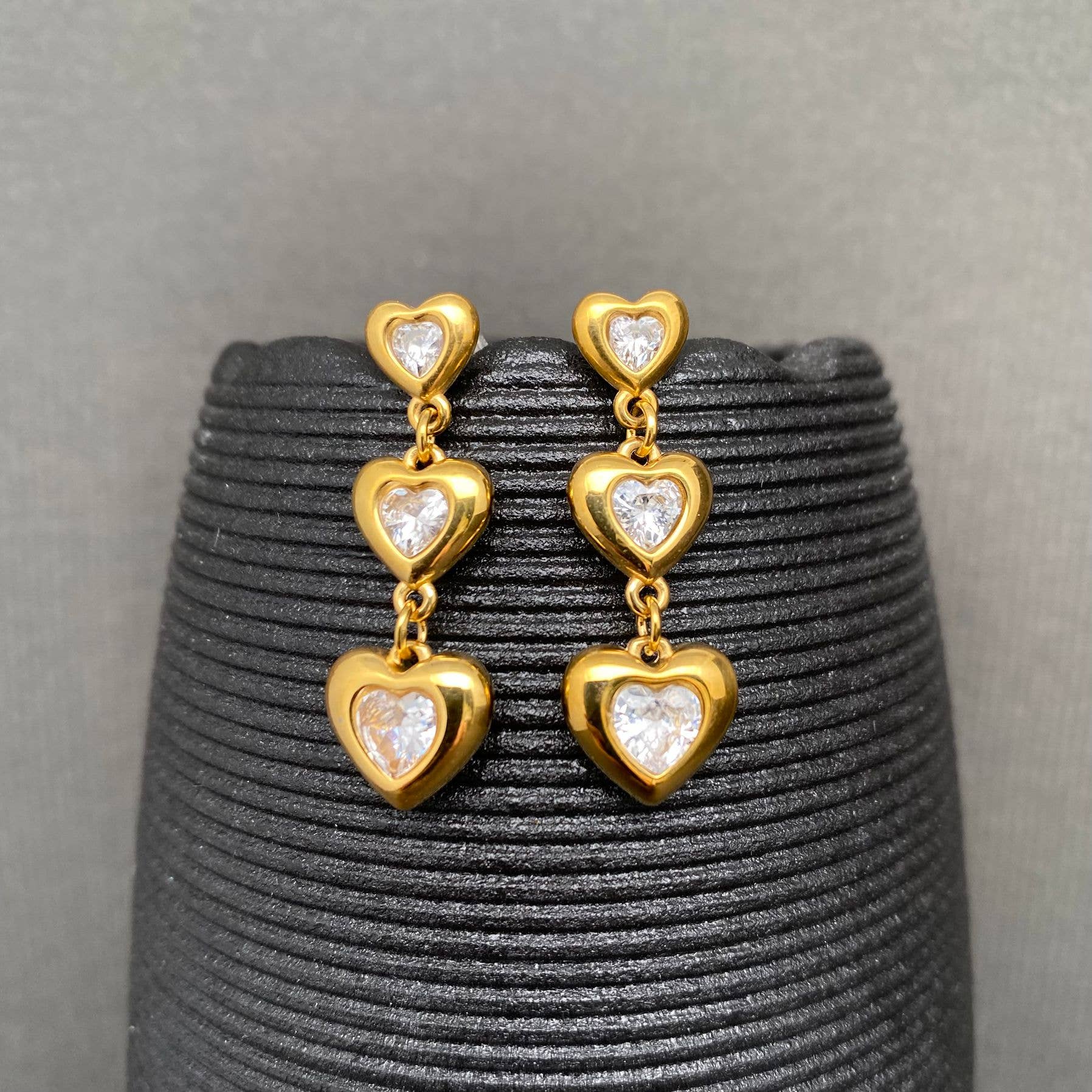 Zircon Inlaid Heart 18K Gold Plated S.Steel Earrings - FGS: Blue