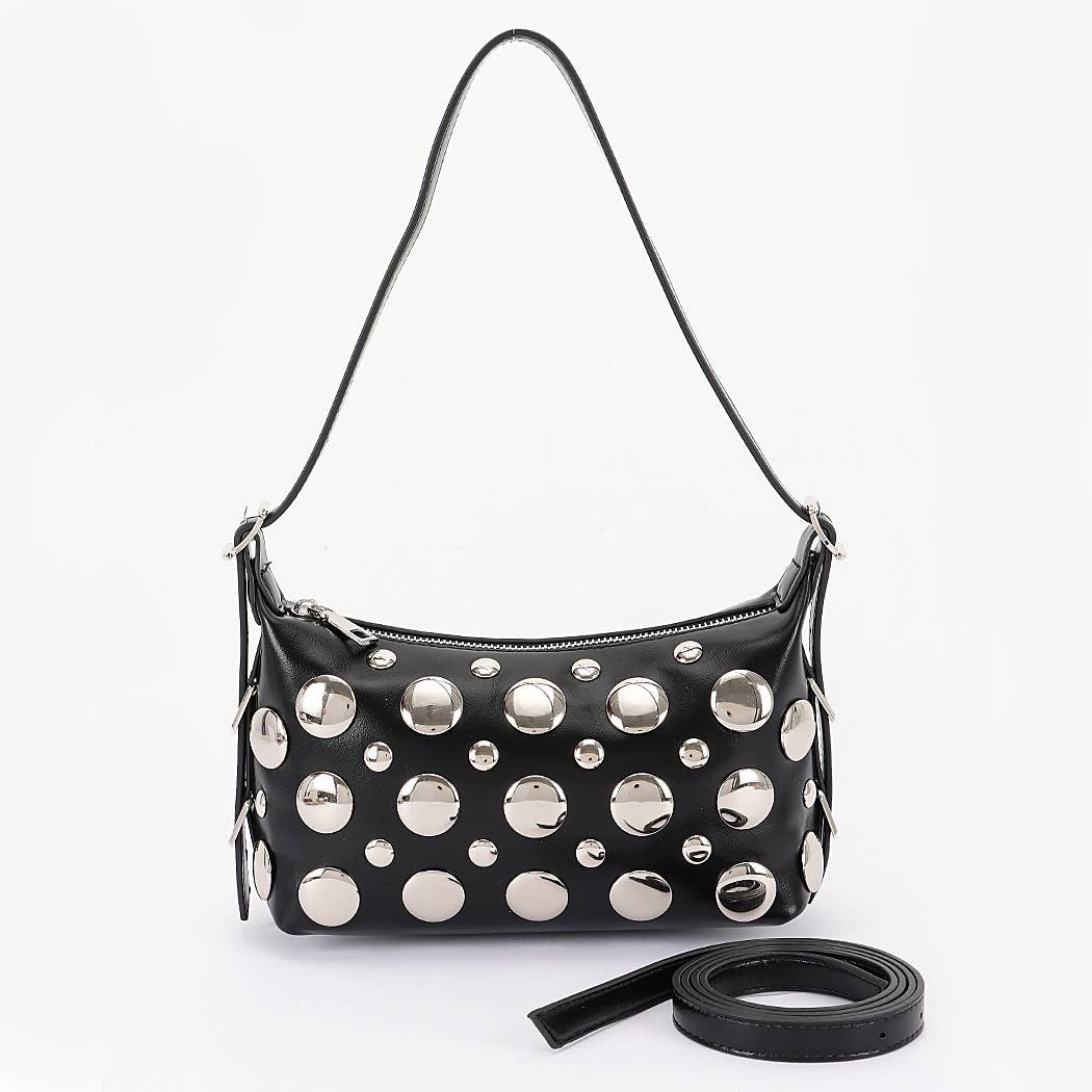 Vegan Leather Metal Studded Shoulder Bag: CM