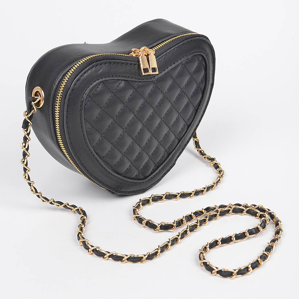 Quilted Blk Heart Shape Crossbody Bag: Black