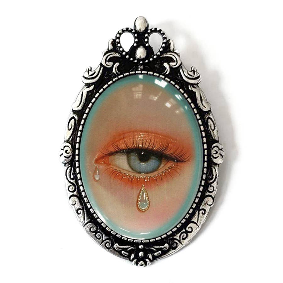 Lovers Eye Tears Painting Brooch Blue Vintage Art : Antiqued Gold