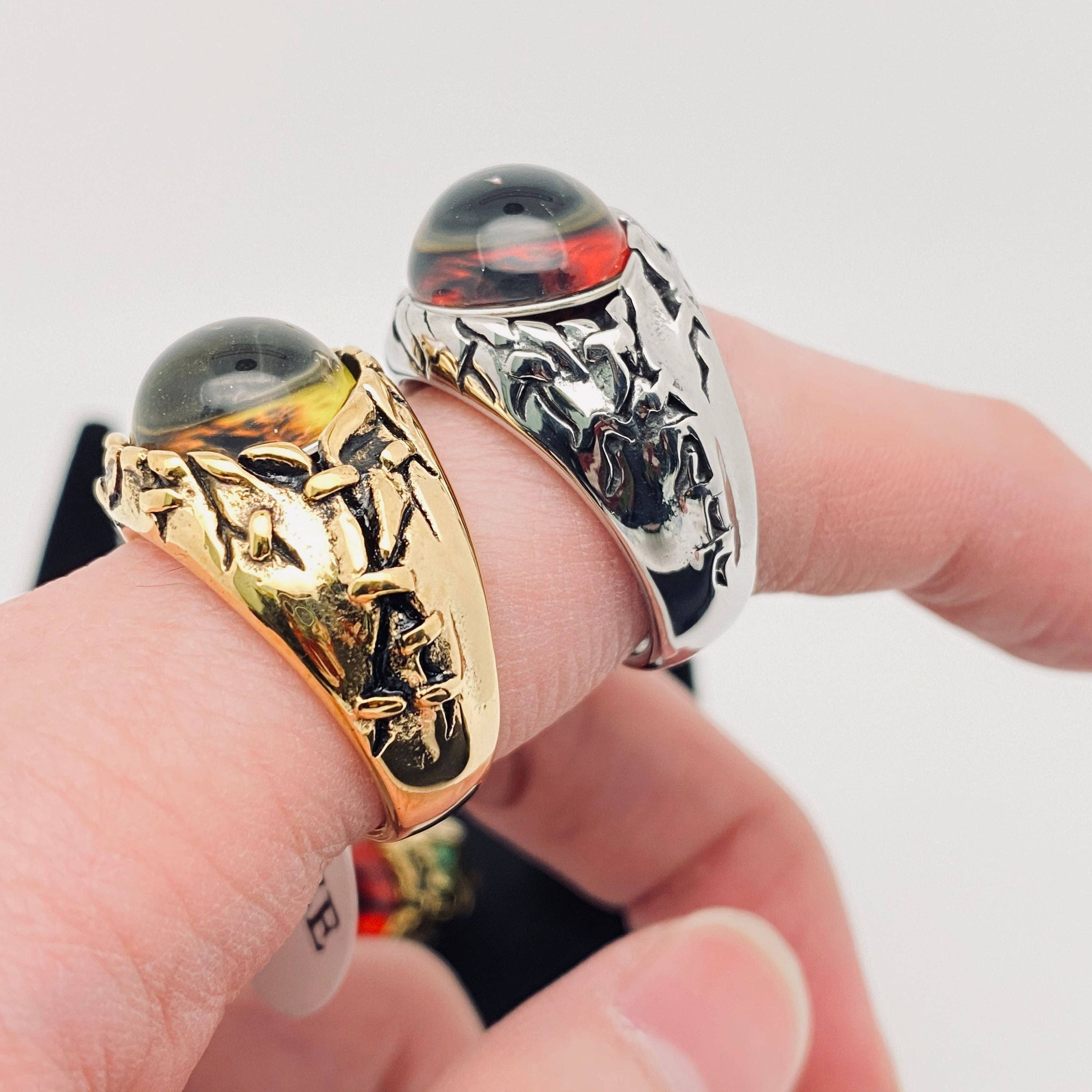 Devil's Eye Demon Eyeball Men's Stainless Steel Ring - MJ/MR: Golden Redstone / 10