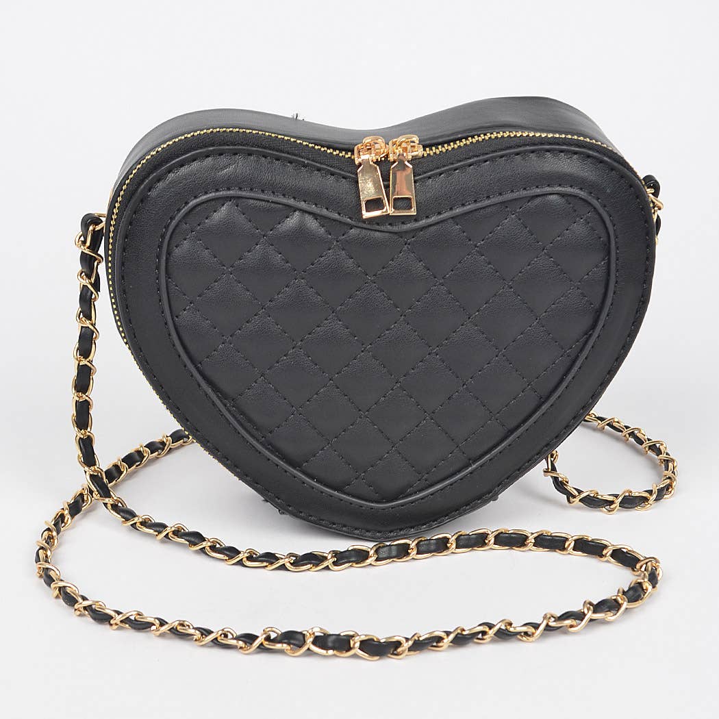 Quilted Blk Heart Shape Crossbody Bag: Black