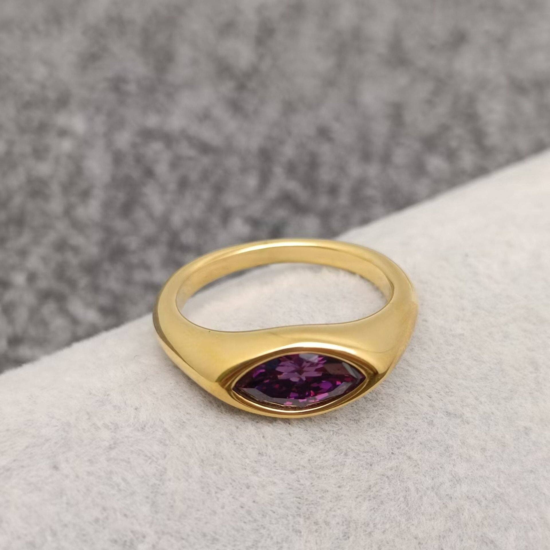 FGS - Horse Eye Zircon 18K Gold Plated Stainless Steel Ring: Purple / 8