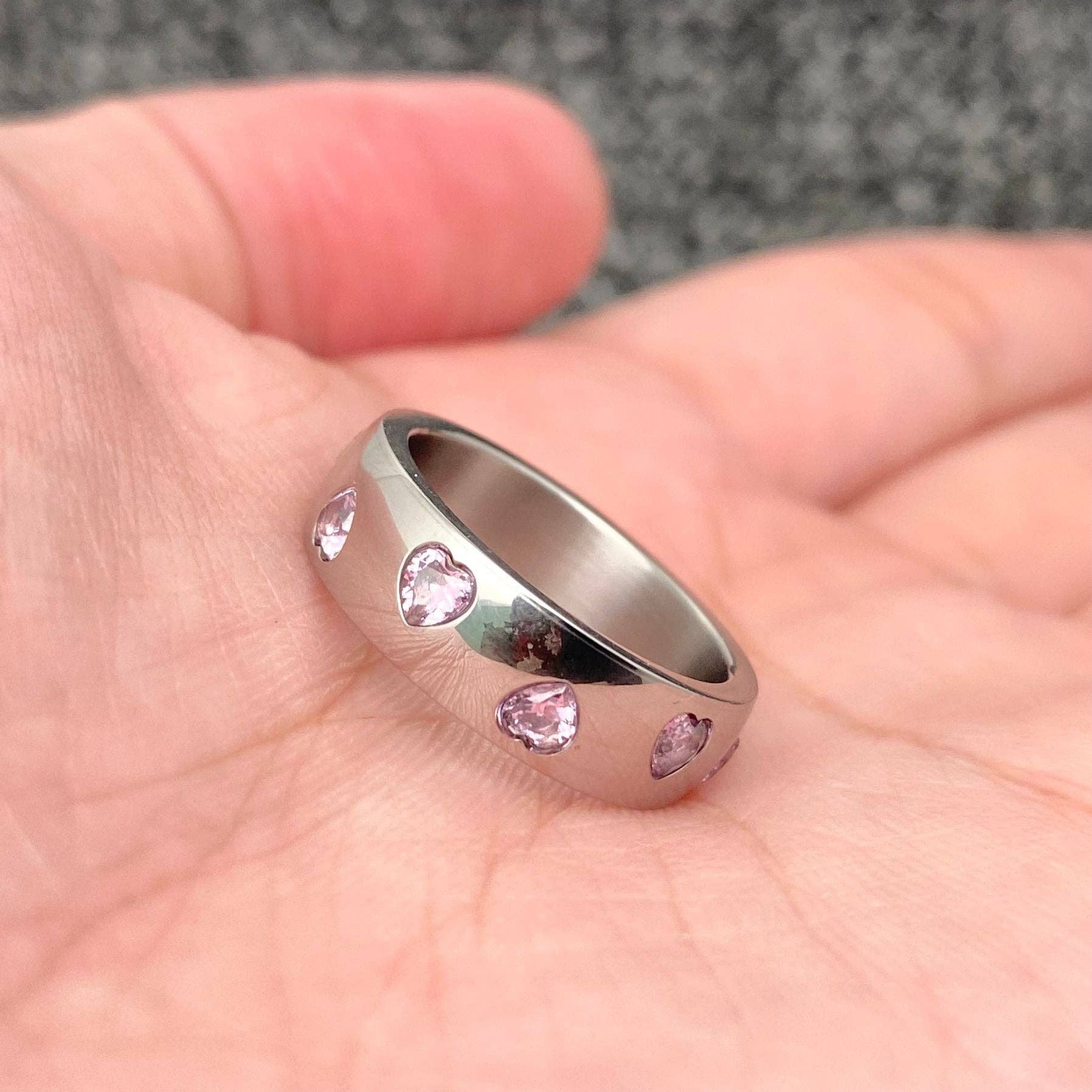 Pink Heart-shaped Cubic Zirconia Stainless Steel Ring: 9