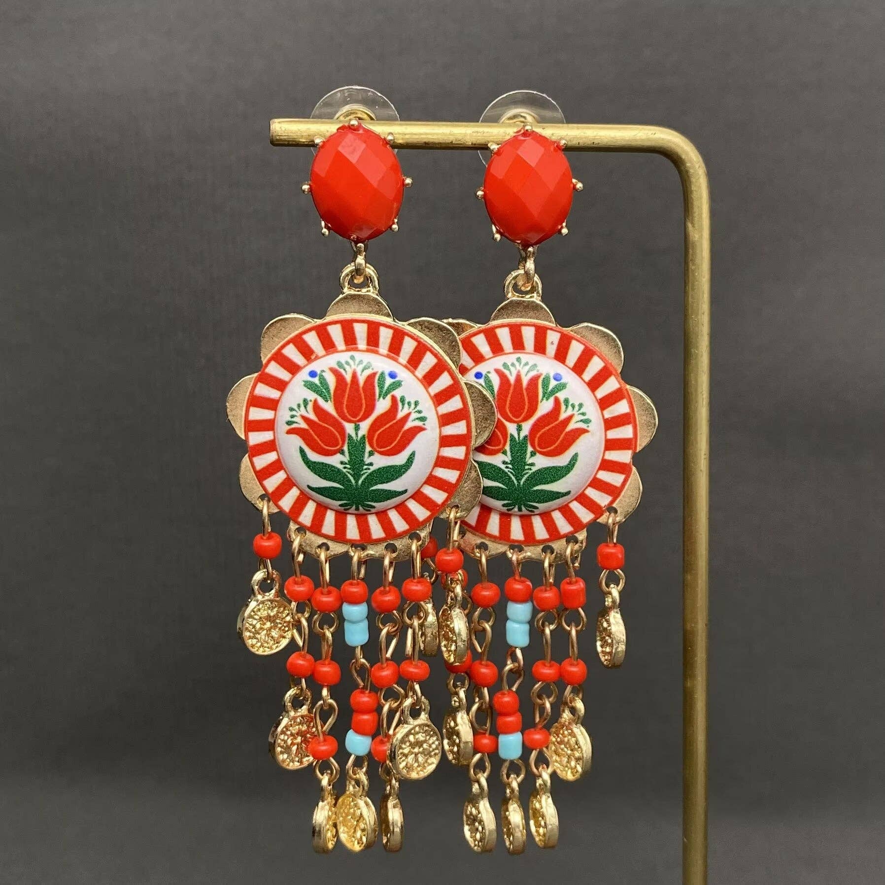 Enamel Tulip Flower Coin Tassel Dangle Earrings: Red