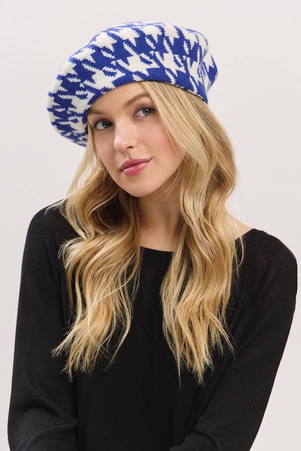 Houndstooth Knit Beret: ROYAL BLUE