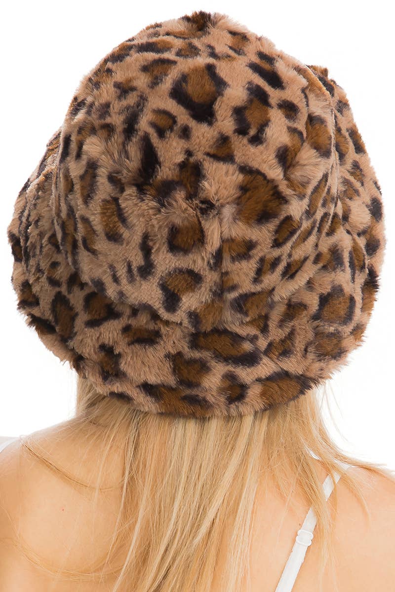 Cap Zone - Leopard Print Fuzzy Faux Fur Fluffy Bucket Hat