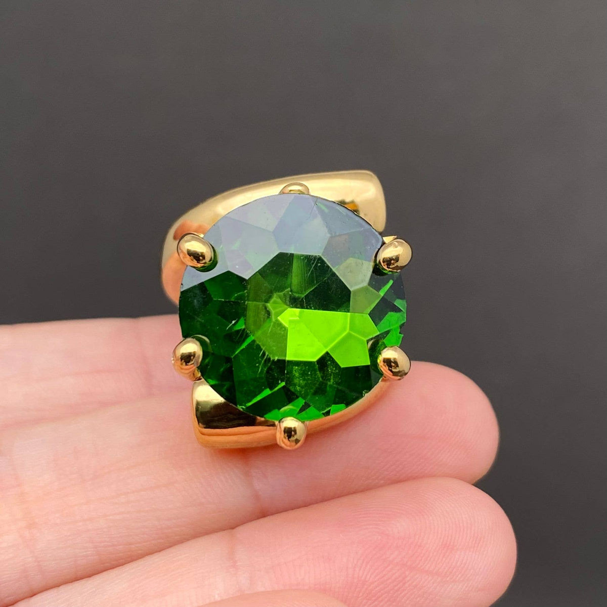 Big Zircon Inlaid 18K Gold Plated Stainless Steel Ring - FGS: Green / 9