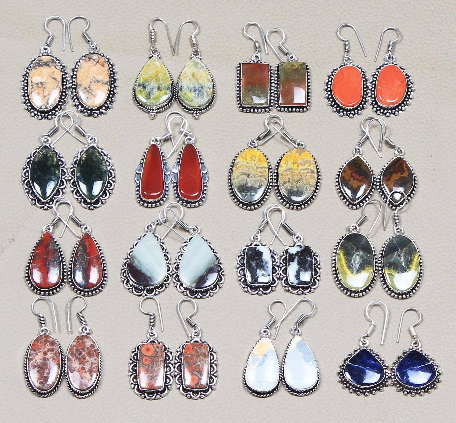 Boho Designer Earrings – Silver-Plated, Handmade, Assorted Gemstones | Wholesale: Pack of 20
