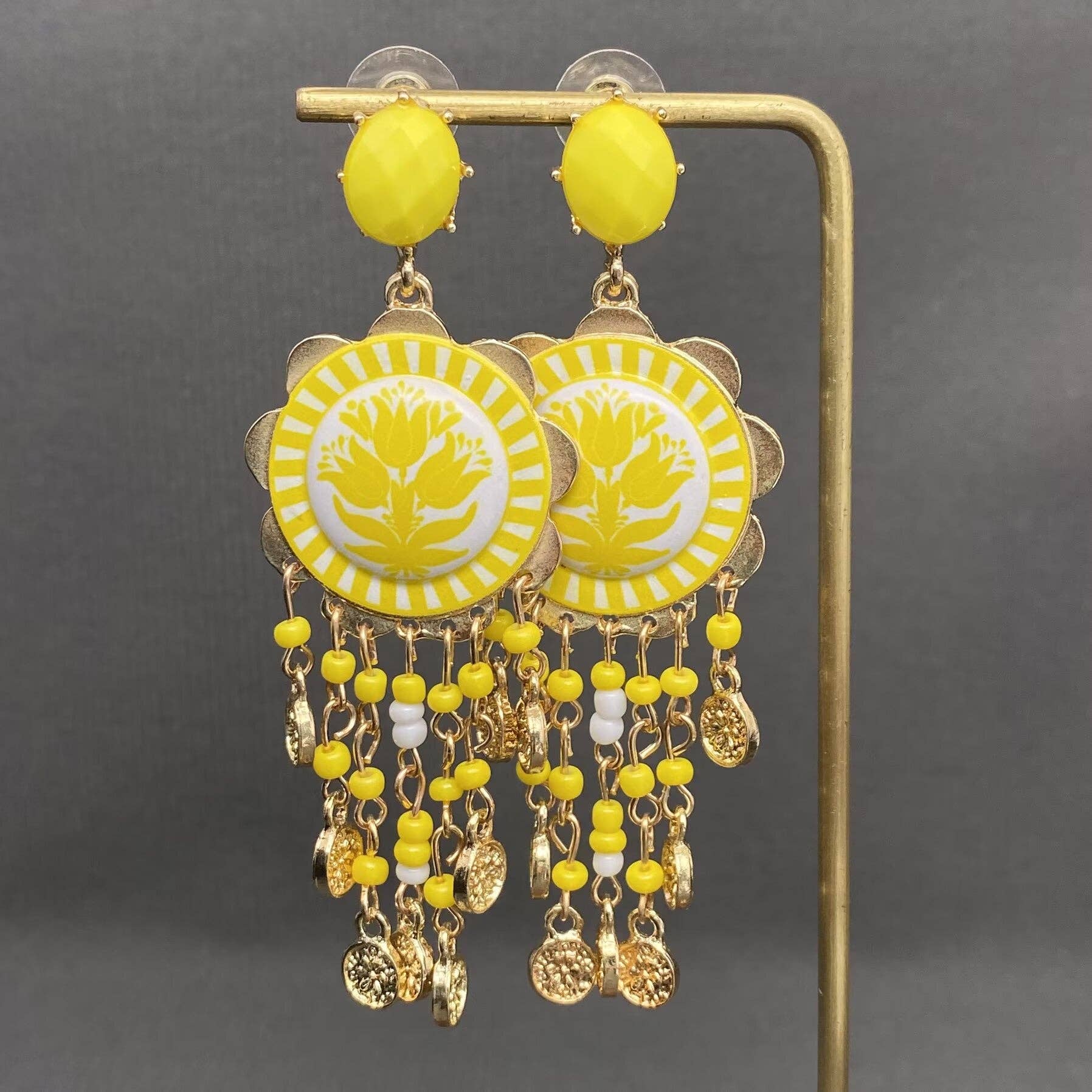 Enamel Tulip Flower Coin Tassel Dangle Earrings: Red