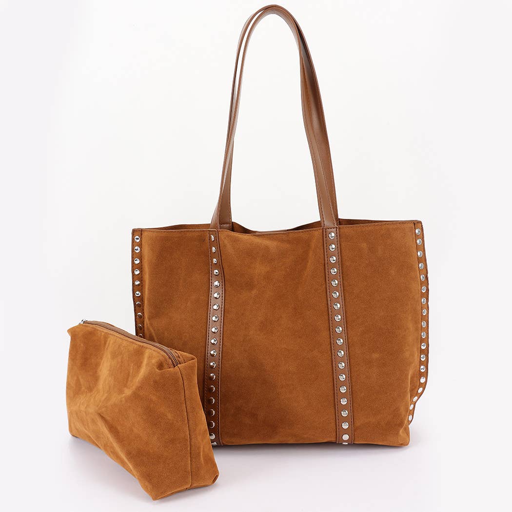 Faux Suede Orng Studded Tote Bag: CM