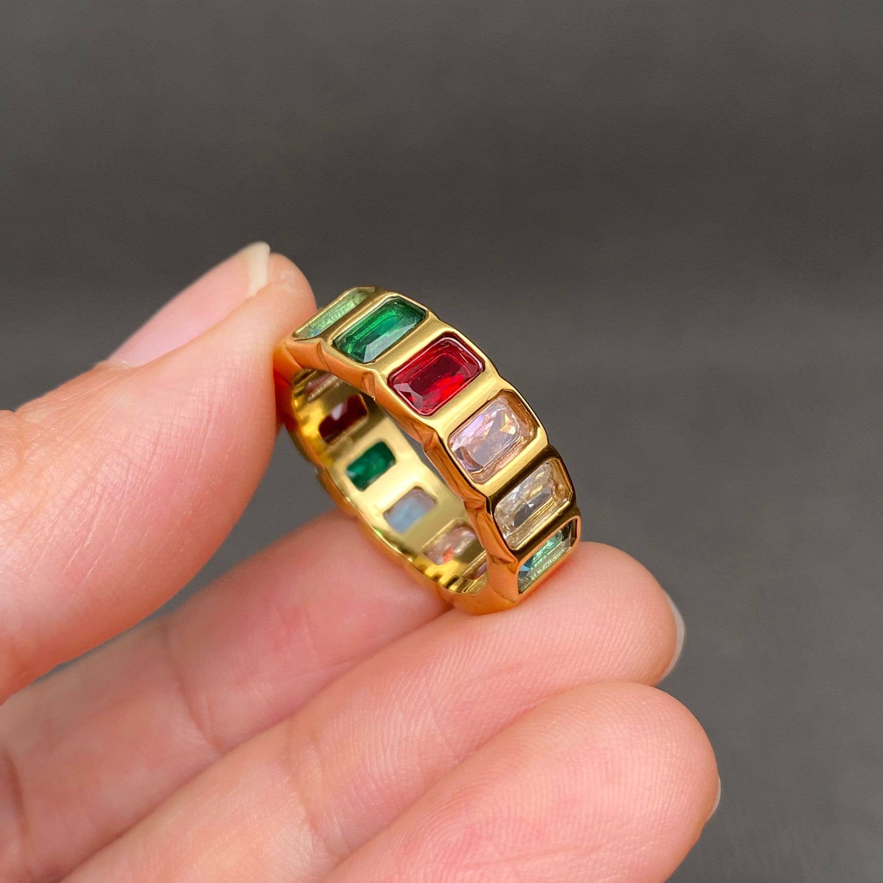 Colored Square Zircon 18K Gold Plated S.Steel Ring - FGS: Golden