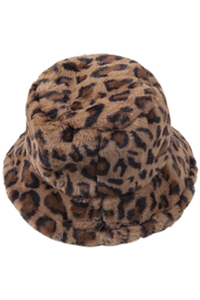 Cap Zone - Leopard Print Fuzzy Faux Fur Fluffy Bucket Hat