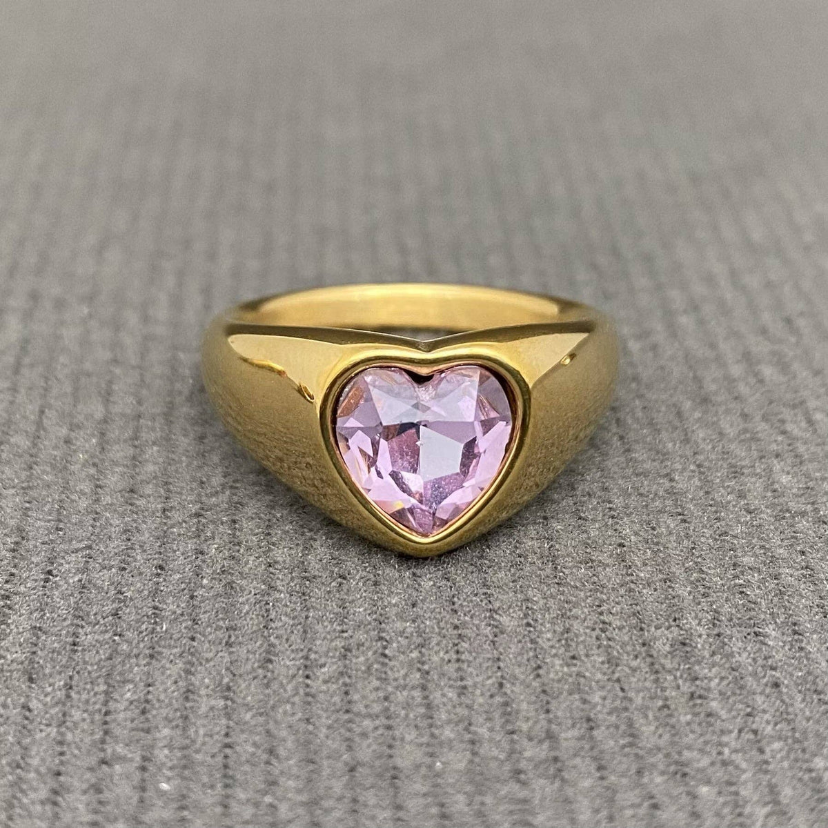 Colored Heart Zircon Glossy 18K Gold Plated S.Steel Ring - FGS: Blue / 6
