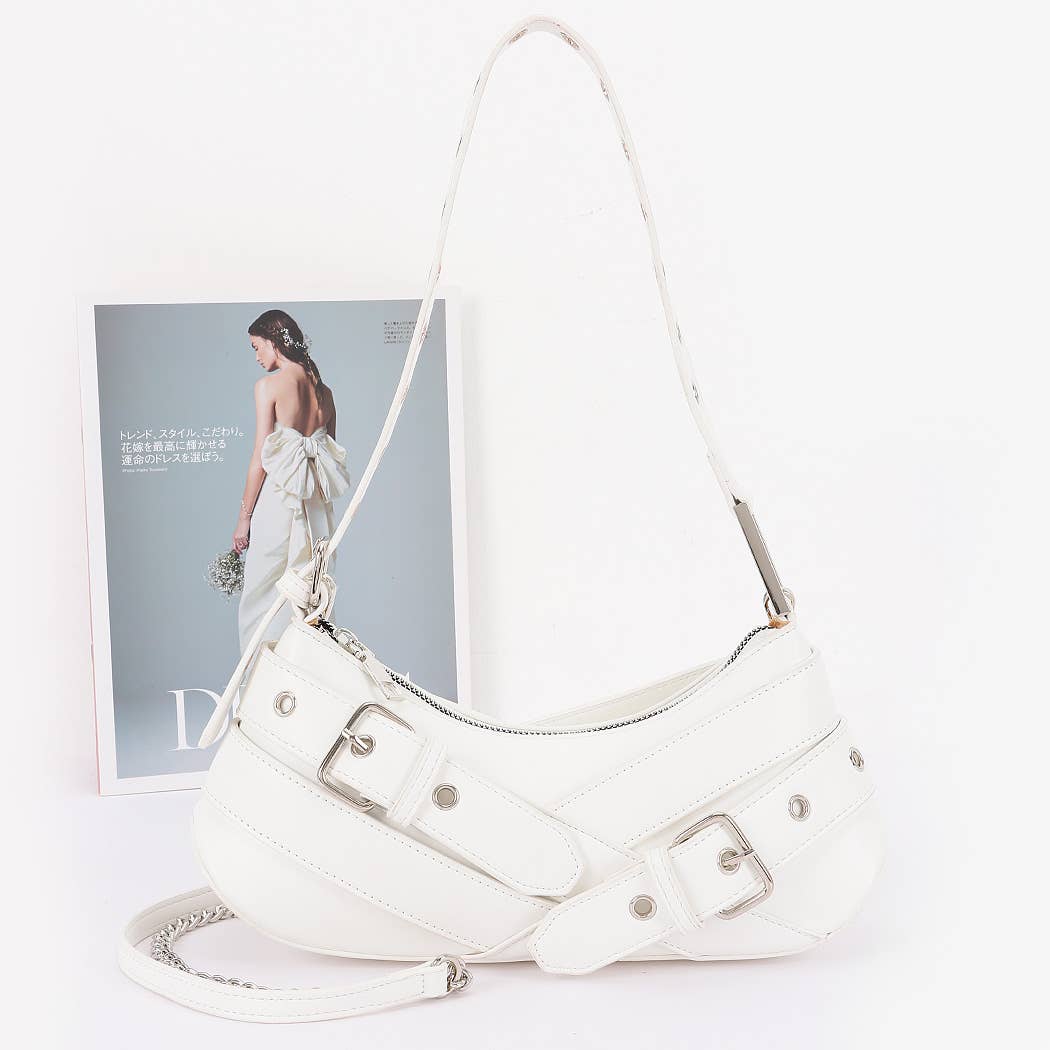 Faux Leather Burg Multi Buckles Shoulder Bag