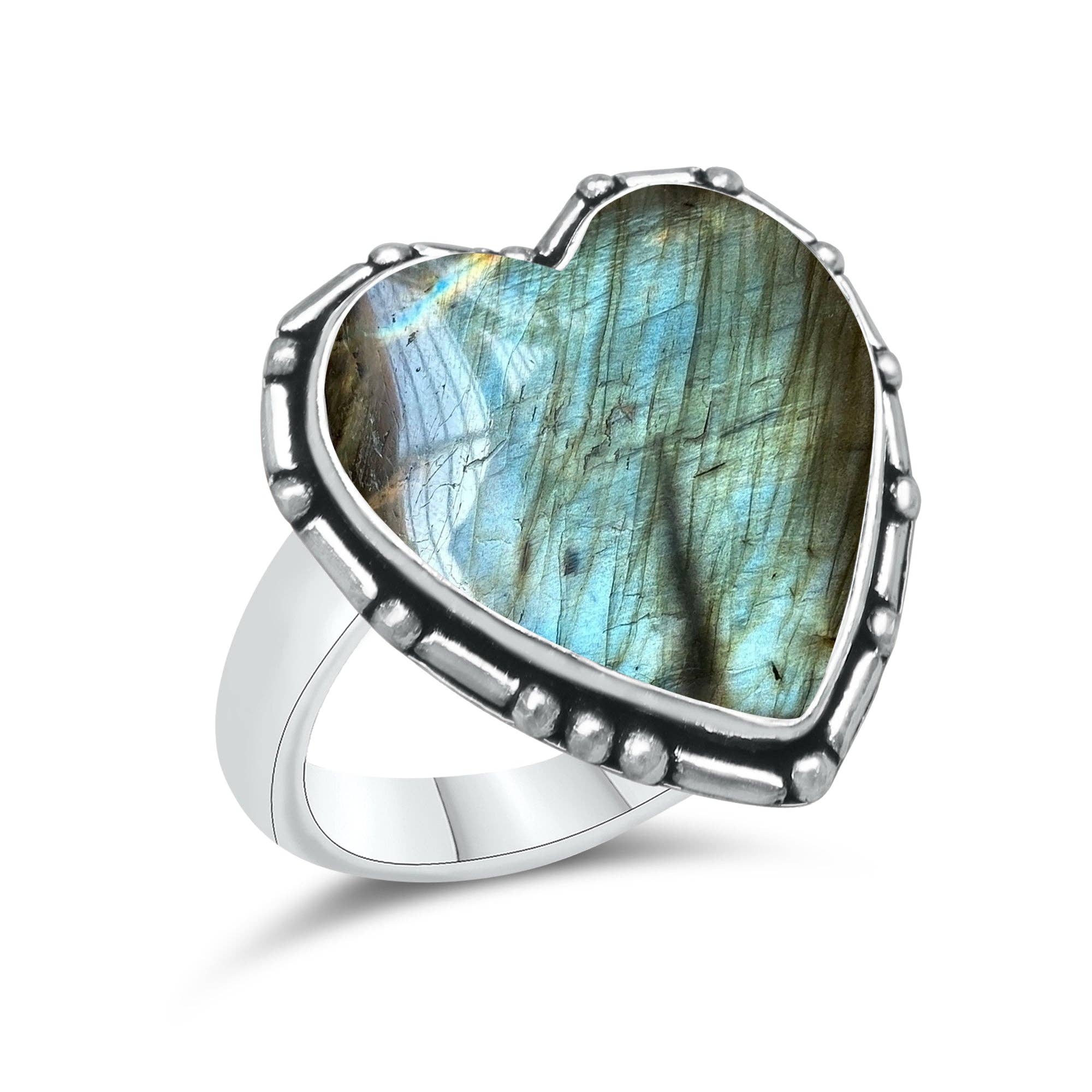 Labradorite Heart Rings – Silver-Plated, Handmade, Blue Flash (US Sizes 6–10, Non-Adjustable) | Wholesale: 10 Rings