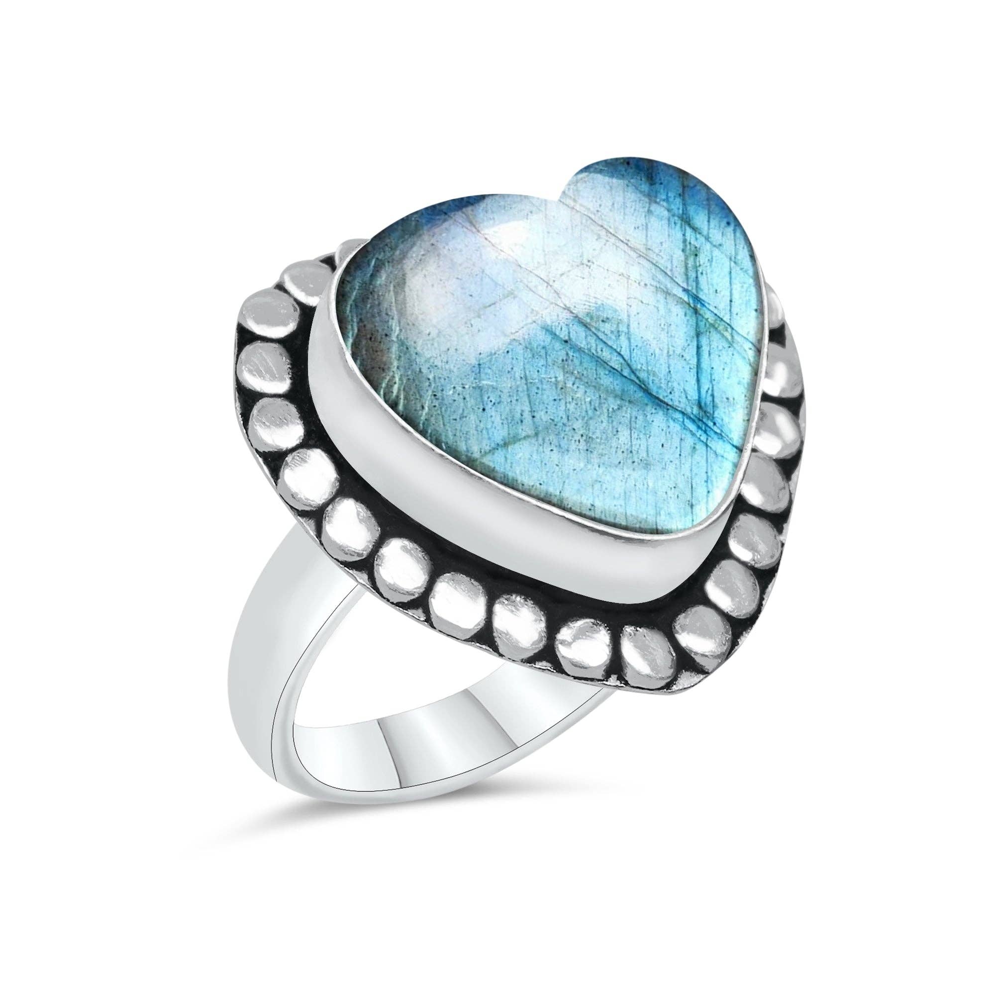 Labradorite Heart Rings – Silver-Plated, Handmade, Blue Flash (US Sizes 6–10, Non-Adjustable) | Wholesale: 10 Rings