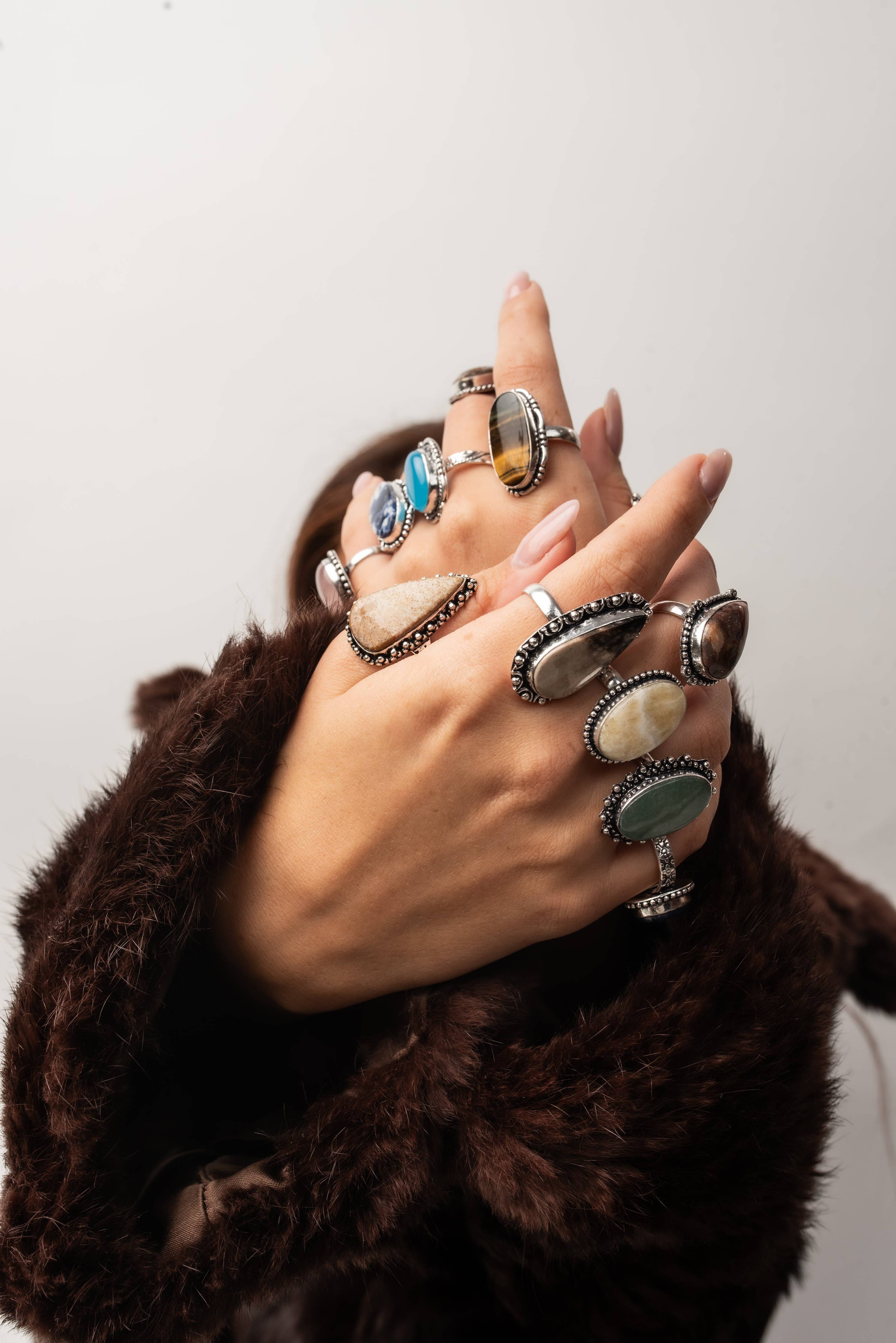 Bohemian Crystal Rings Set - Silver Plated, Mixed Sizes, Assorted Designs: Gold / 10 Rings