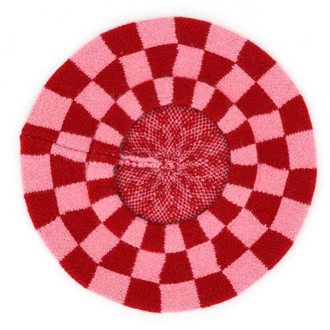 Geometric Checkered Knit Beret: TNPK