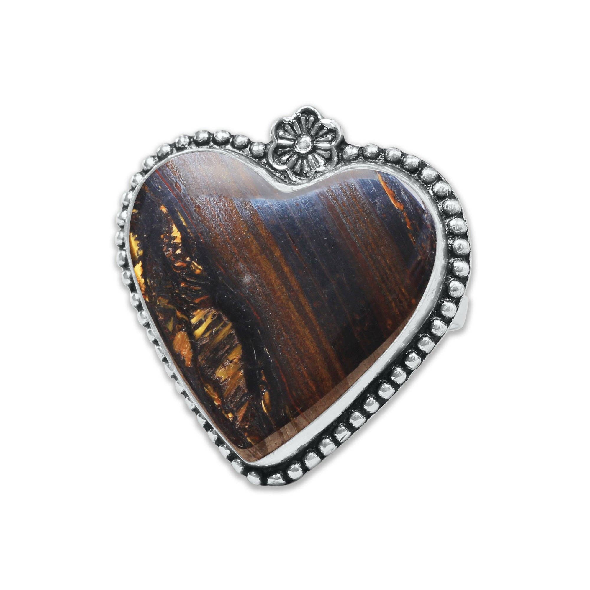Heart Crystal Rings – Silver-Plated, Handmade, Assorted Natural Stones (US Sizes 6–10, Non-Adjustable) | Wholesale: Silver / 10 Rings