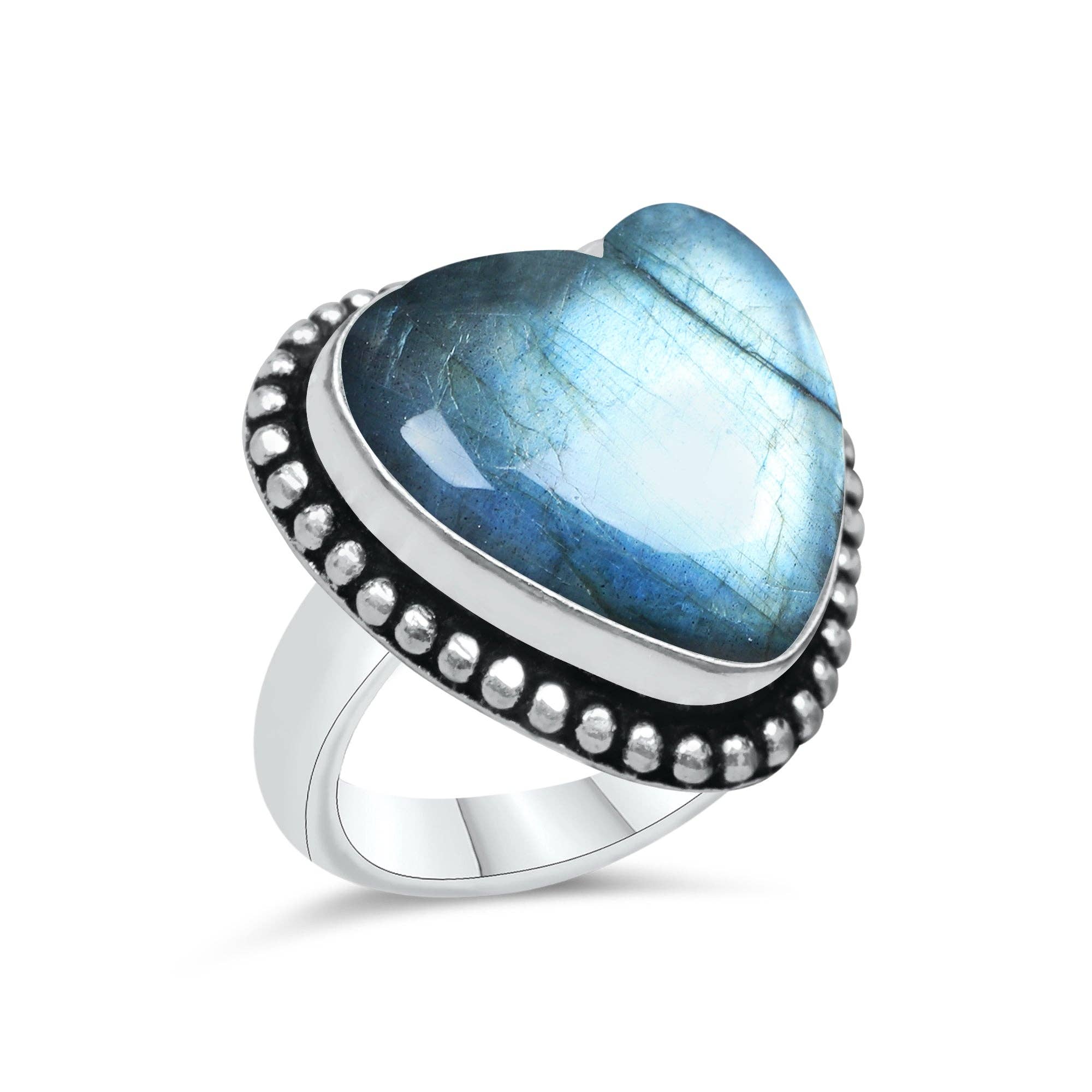 Labradorite Heart Rings – Silver-Plated, Handmade, Blue Flash (US Sizes 6–10, Non-Adjustable) | Wholesale: 10 Rings