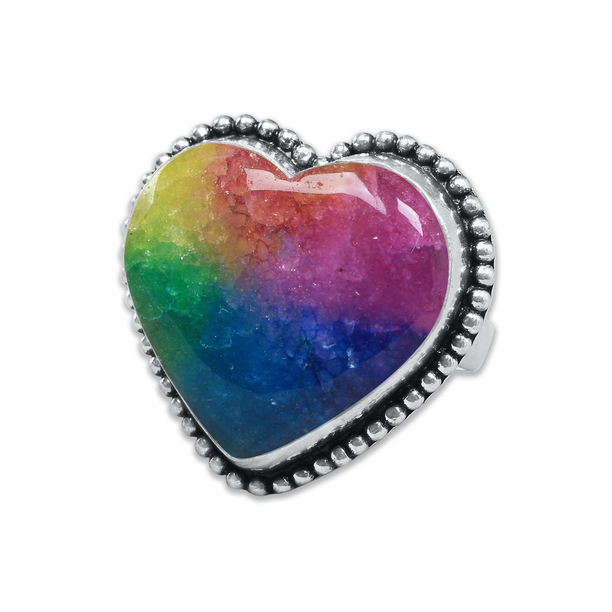 Heart Crystal Rings – Silver-Plated, Handmade, Assorted Natural Stones (US Sizes 6–10, Non-Adjustable) | Wholesale: Silver / 10 Rings