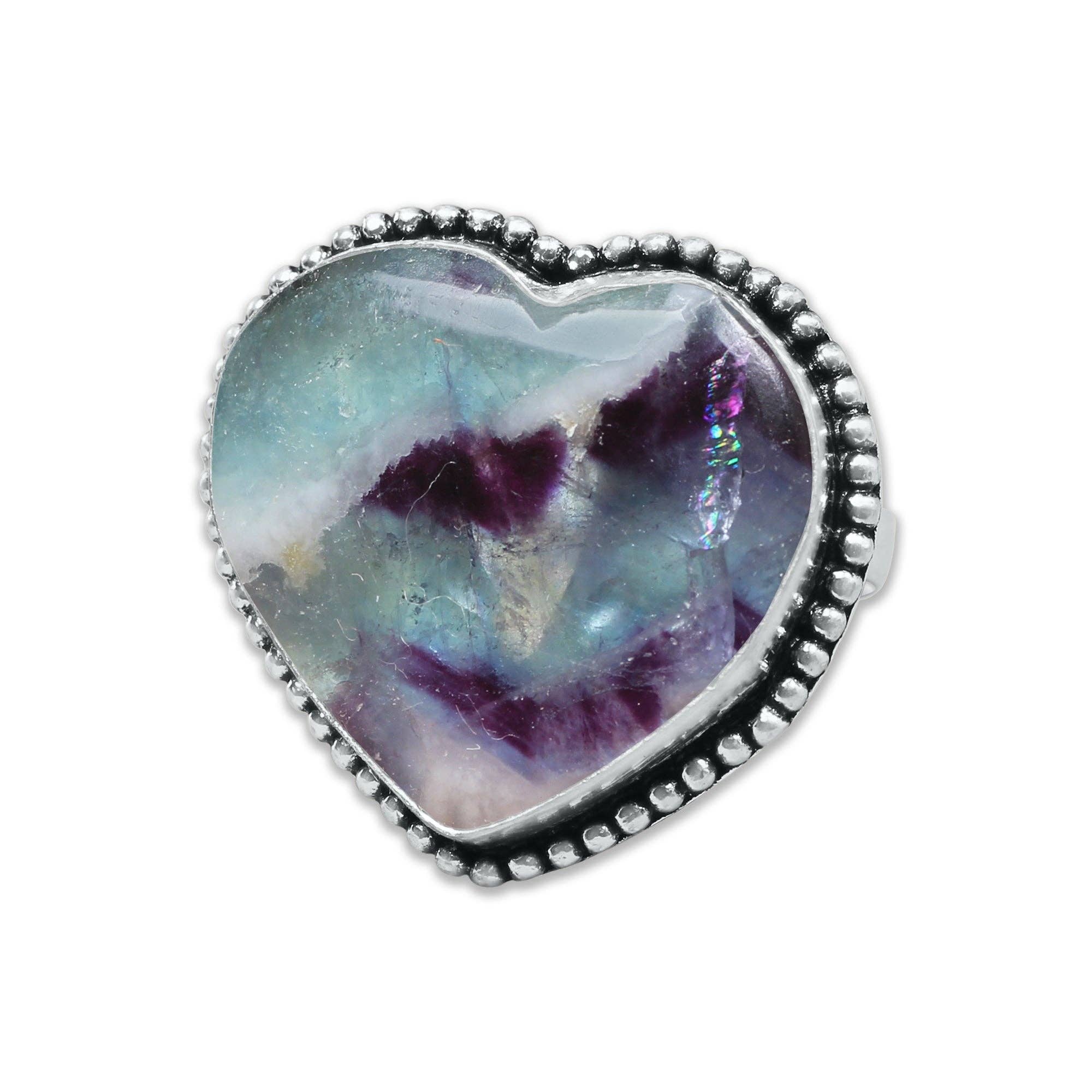 Heart Crystal Rings – Silver-Plated, Handmade, Assorted Natural Stones (US Sizes 6–10, Non-Adjustable) | Wholesale: Silver / 10 Rings